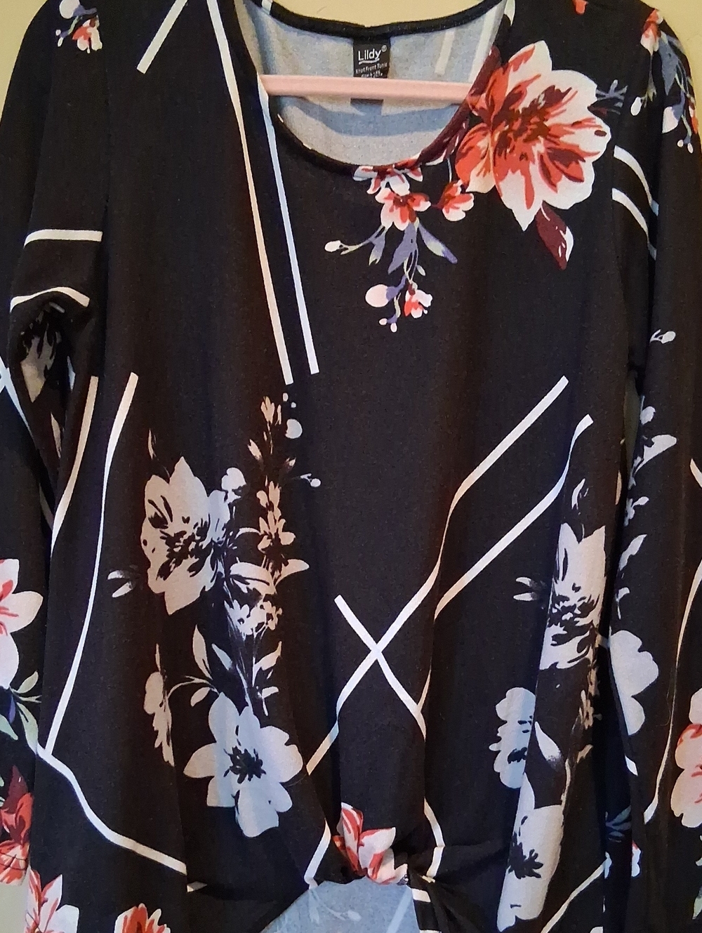 Black Floral Long-Sleeve Tunic with Pink Accents